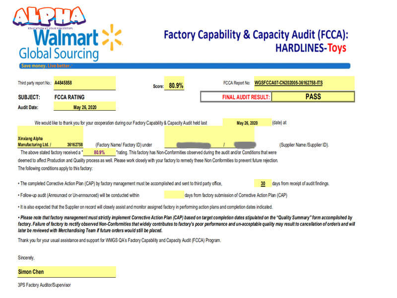 Alpha science toys：Wal-mart FCCA factory inspection Report-Wal-Mart FCCA